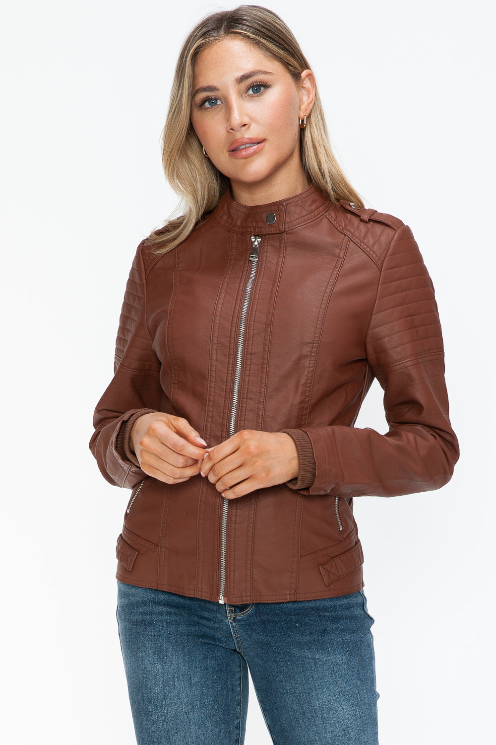 Snobbish PU Leather Biker Jacket with Side Zip Pockets - Teresa's Fashionista LLC