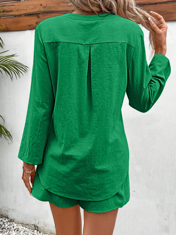 Notched Long Sleeve Top and Shorts Set-Teresa's Fashionista LLC