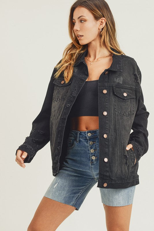 RISEN Full Size Distressed Long Sleeve Denim Jacket - Teresa's Fashionista LLC