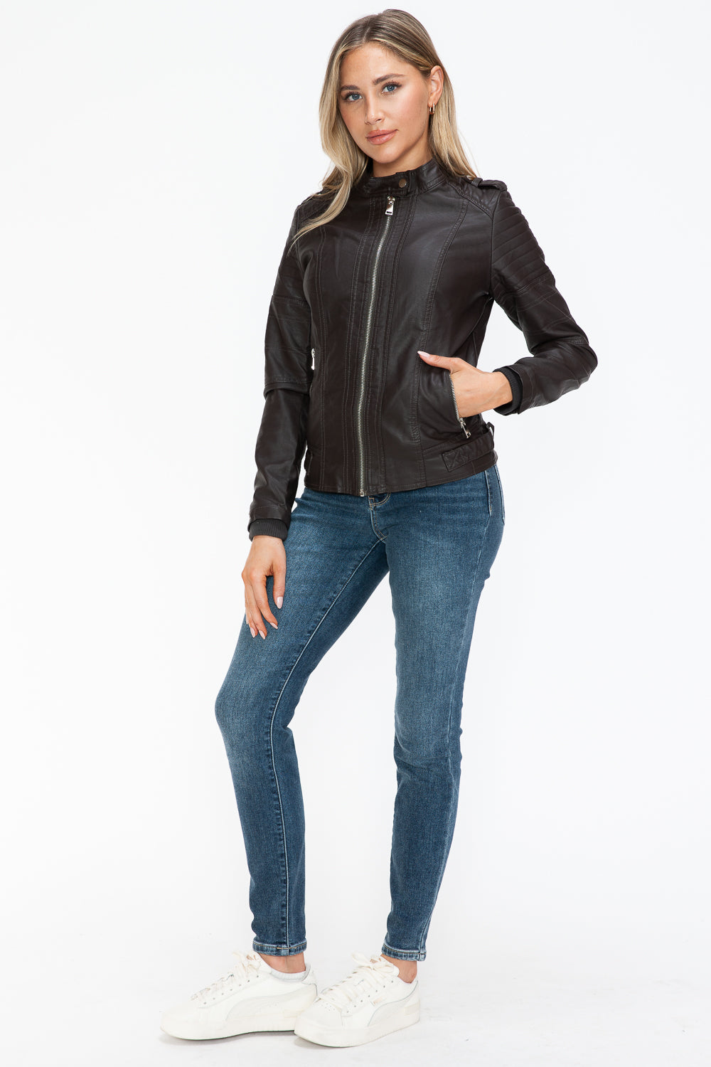 Snobbish PU Leather Biker Jacket with Side Zip Pockets - Teresa's Fashionista LLC