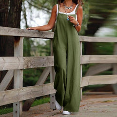 Women's Sleeveless Jumpsuit With Pockets And Adjustable Shoulder Strap Fashion Loose Wide Leg Straight Overalls Summer Beach Trousers - Teresa's Fashionista LLC