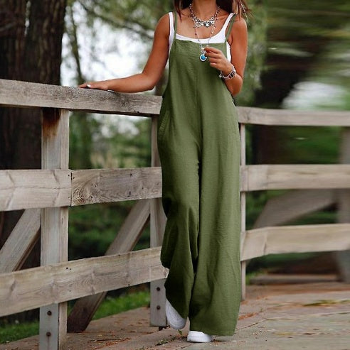Women's Sleeveless Jumpsuit With Pockets And Adjustable Shoulder Strap Fashion Loose Wide Leg Straight Overalls Summer Beach Trousers - Teresa's Fashionista LLC