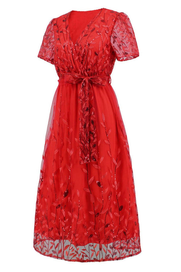 Sequin Leaf Embroidery Tie Front Short Sleeve Dress-Teresa's Fashionista LLC