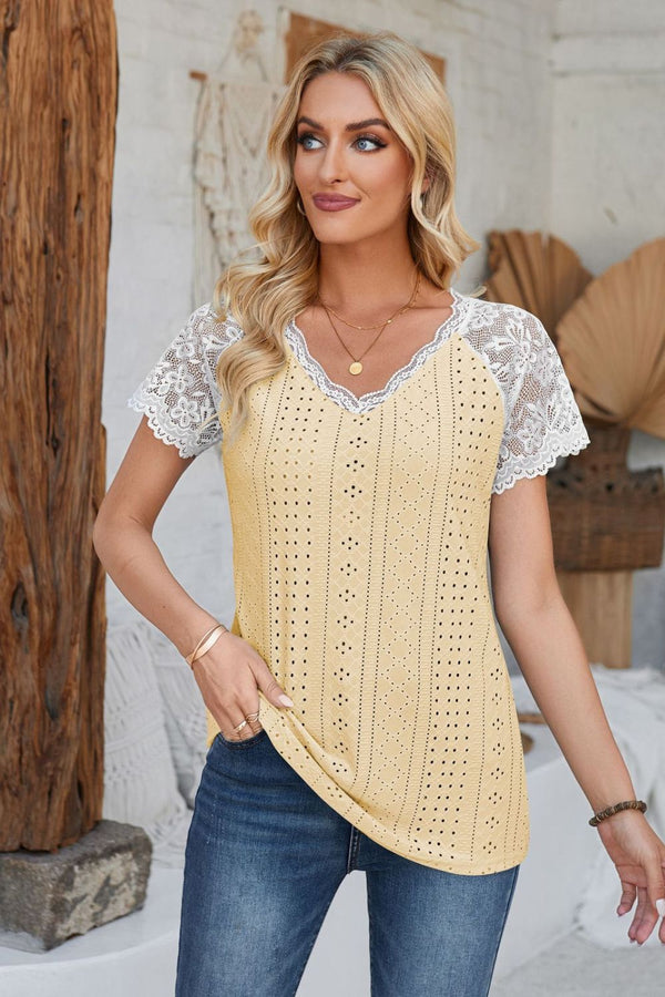 Eyelet V-Neck Lace Short Sleeve T-Shirt-Teresa's Fashionista LLC