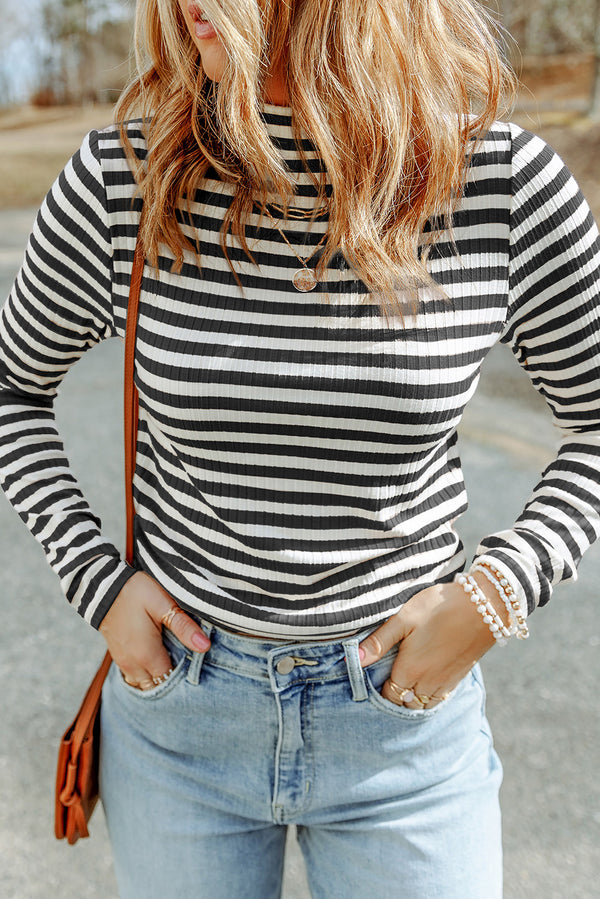 Striped Mock Neck Long Sleeve Top-Teresa's Fashionista LLC