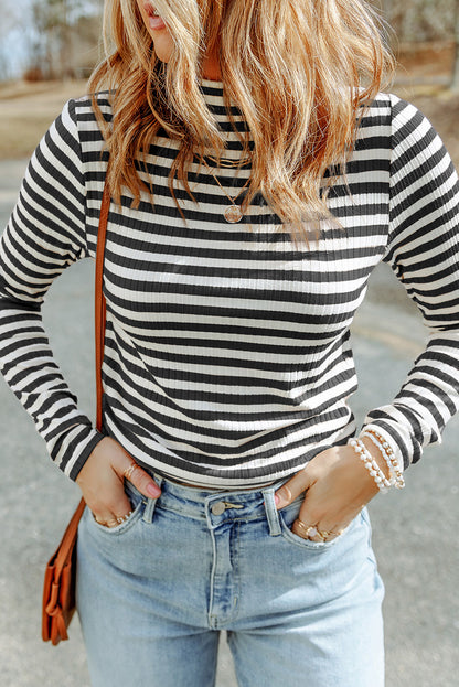 Striped Mock Neck Long Sleeve Top-Teresa&#39;s Fashionista LLC