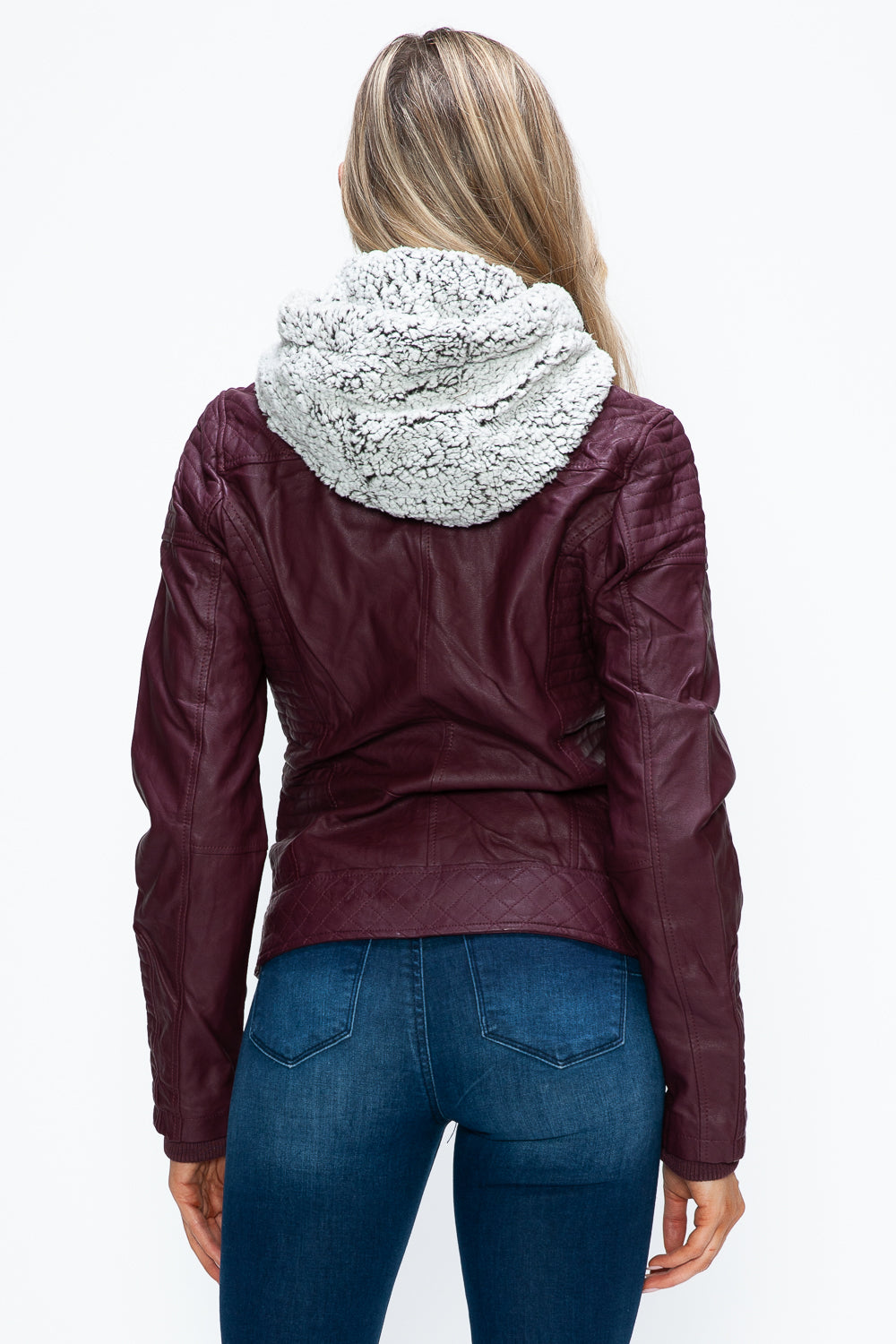 YMI Faux Layered Double-Zipper Jacket with Fuzzy Hood - Teresa's Fashionista LLC