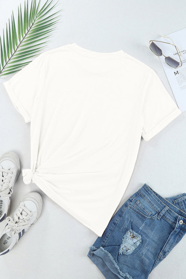 AMERICA Round Neck Short Sleeve T-Shirt, basic style, white, paired with denim shorts and sneakers.