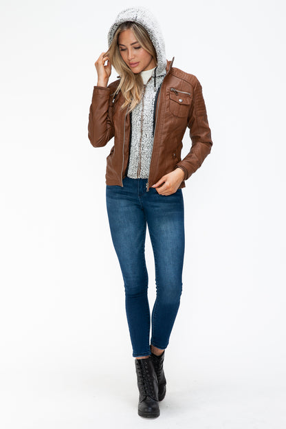 YMI Removable Faux Layered Multi-Pocket Jacket with Fuzzy Hood - Teresa's Fashionista LLC