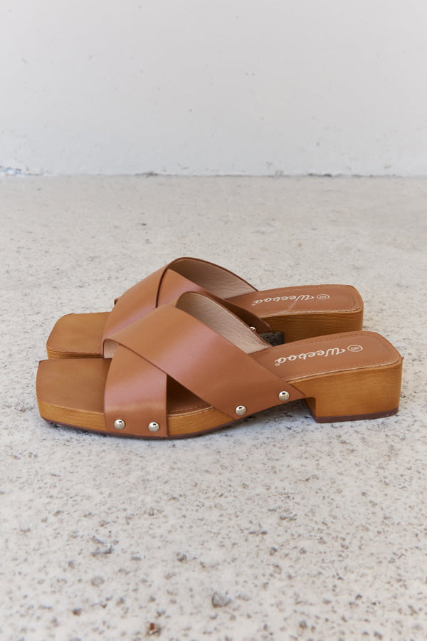 Weeboo Step Into Summer Criss Cross Wooden Clog Mule in Brown-Teresa's Fashionista LLC