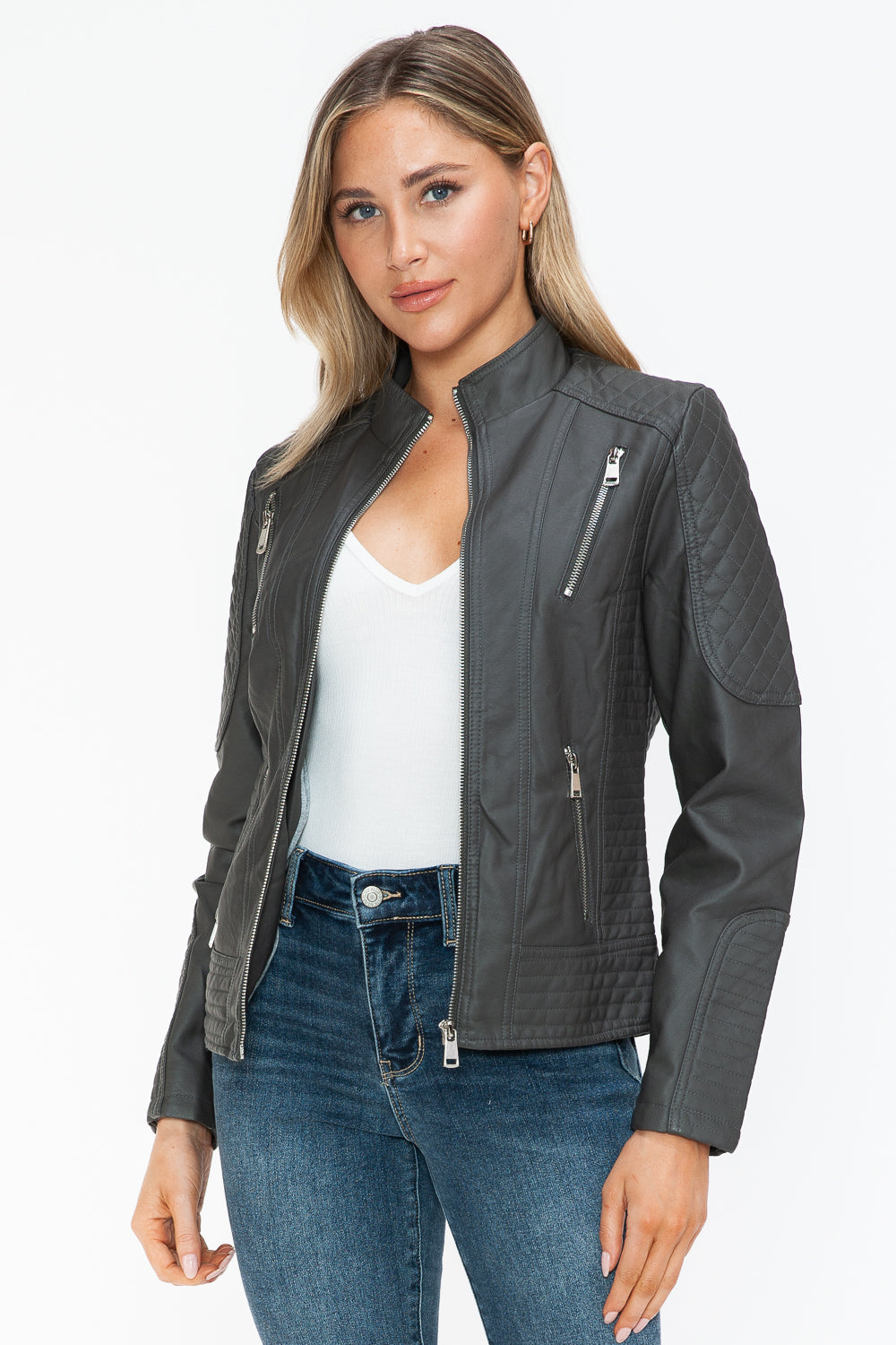 Snobbish Faux Leather Zip Up Mock Neck Jacket - Teresa's Fashionista LLC