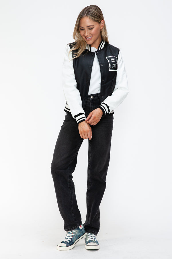 Love Me Now PU Leather Contrast Snap Down Bomber Jacket - Teresa's Fashionista LLC