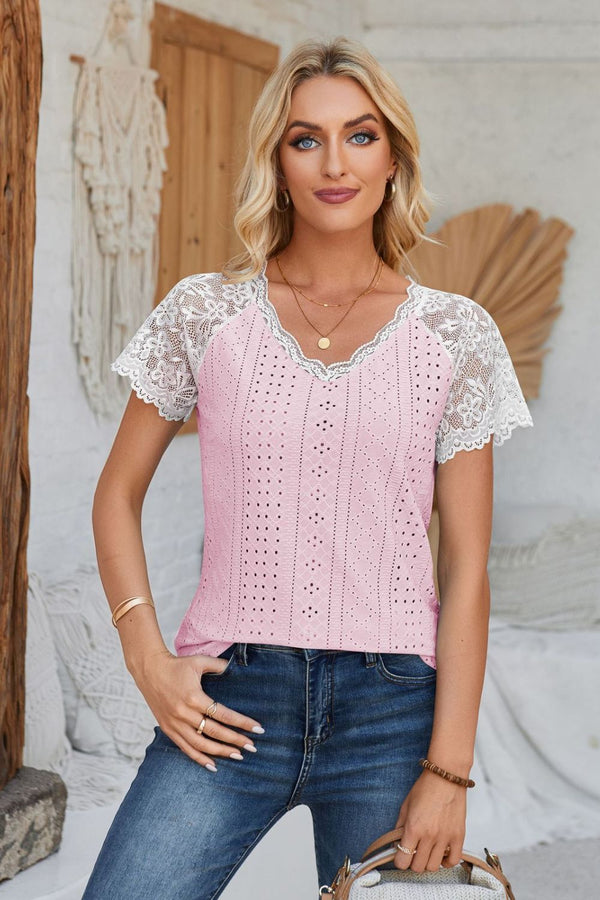 Eyelet V-Neck Lace Short Sleeve T-Shirt-Teresa's Fashionista LLC