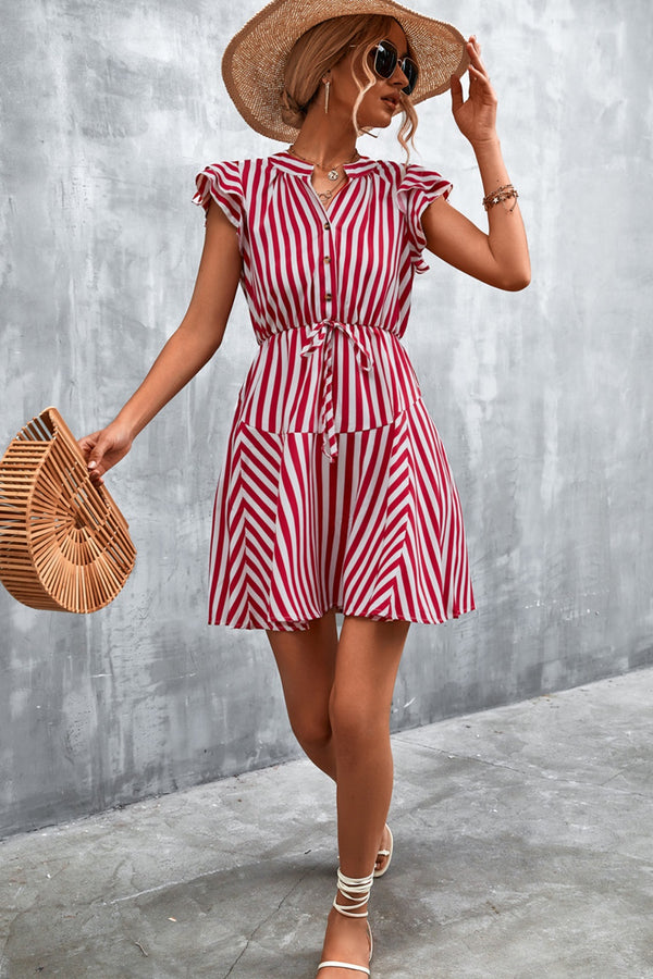 Ruffled Striped Cap Sleeve Mini Dress-Teresa's Fashionista LLC