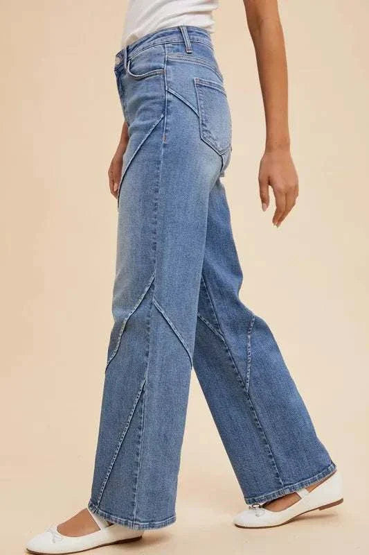 Annie Wear decorative seams wide leg jeans in blue denim with pocket details