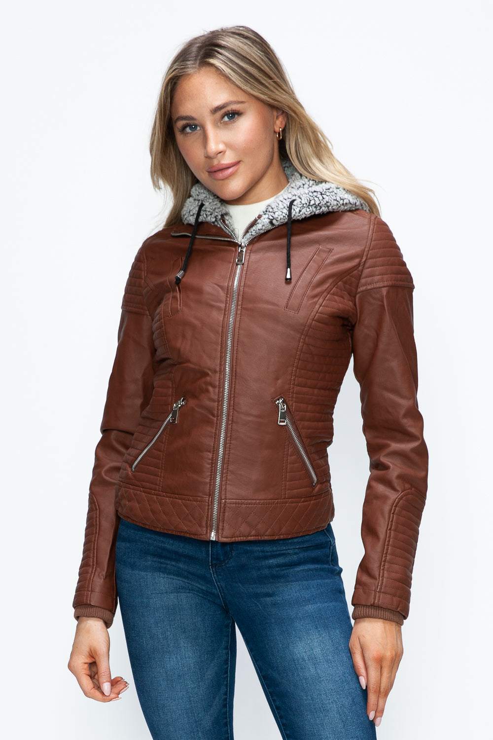 YMI Faux Layered Double-Zipper Jacket with Fuzzy Hood - Teresa's Fashionista LLC