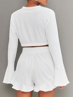 Round Neck Long Sleeve Top and Ruffled Shorts Set-Teresa's Fashionista LLC