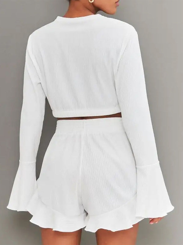 Round Neck Long Sleeve Top and Ruffled Shorts Set-Teresa's Fashionista LLC