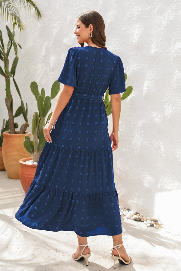 Swiss Dot Tied Surplice Short Sleeve Dress-Teresa's Fashionista LLC