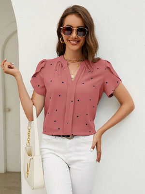 Heart Print Notched Petal Sleeve Blouse-Teresa's Fashionista LLC