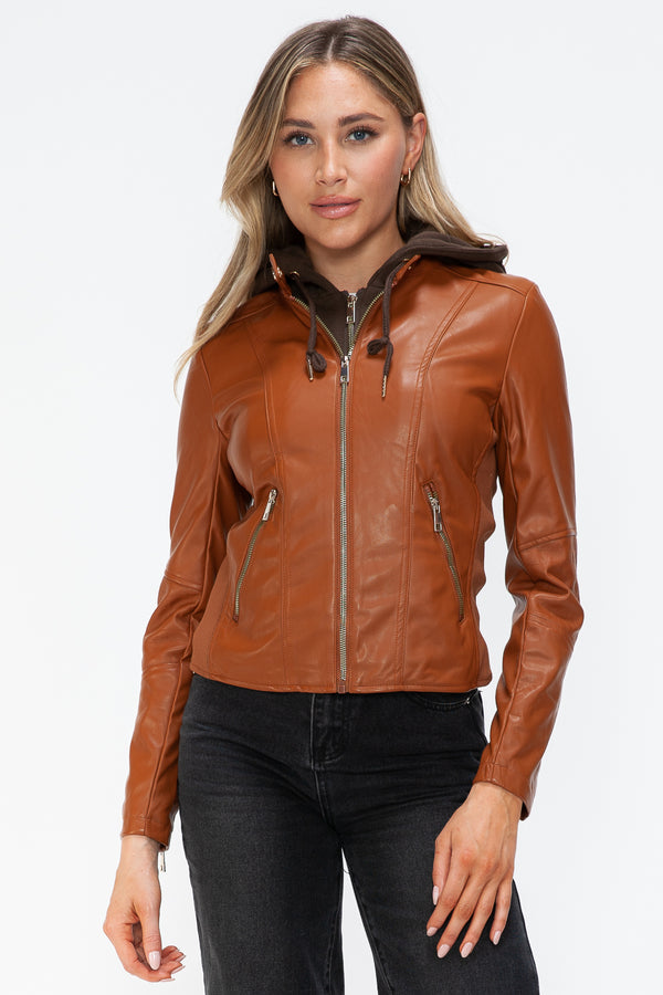 Snobbish Faux Leather Zip Up Drawstring Hooded Jacket - Teresa's Fashionista LLC