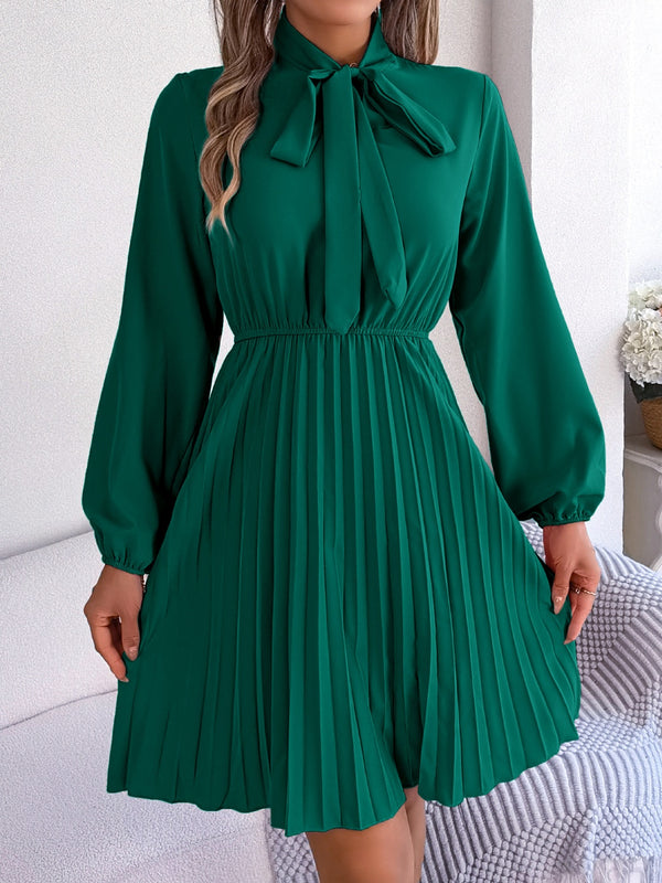 Tie Neck Balloon Sleeve Pleated Dress-Teresa's Fashionista LLC