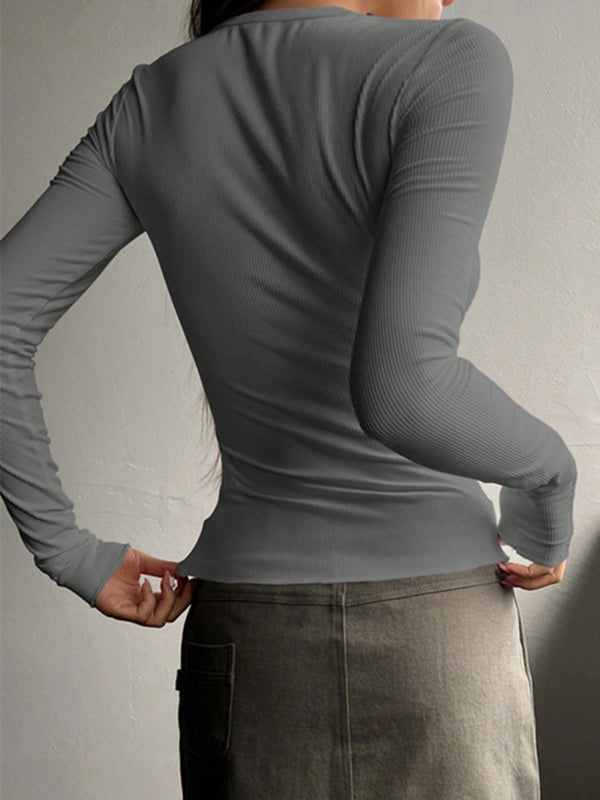 Half Button Long Sleeve T-Shirt-Teresa's Fashionista LLC