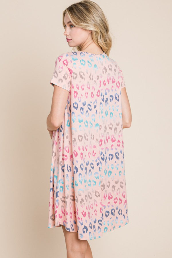 BOMBOM Leopard Round Neck Short Sleeve Dress-Teresa's Fashionista LLC