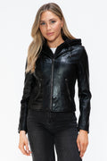 Snobbish Faux Leather Zip Up Drawstring Hooded Jacket - Teresa's Fashionista LLC