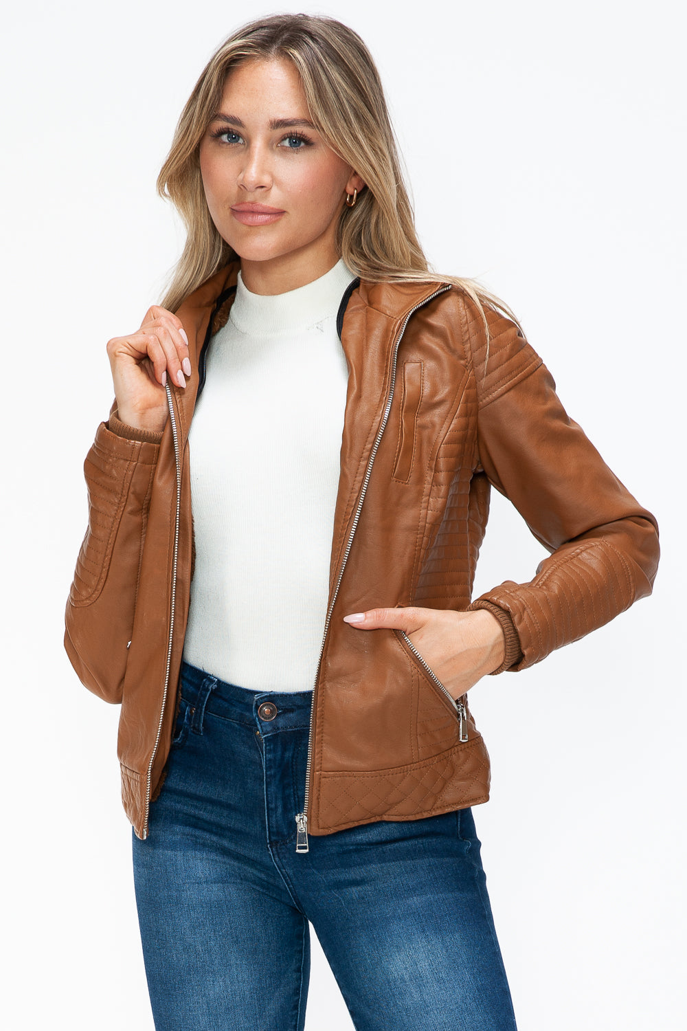 YMI Faux Layered Double-Zipper Jacket with Fuzzy Hood - Teresa's Fashionista LLC