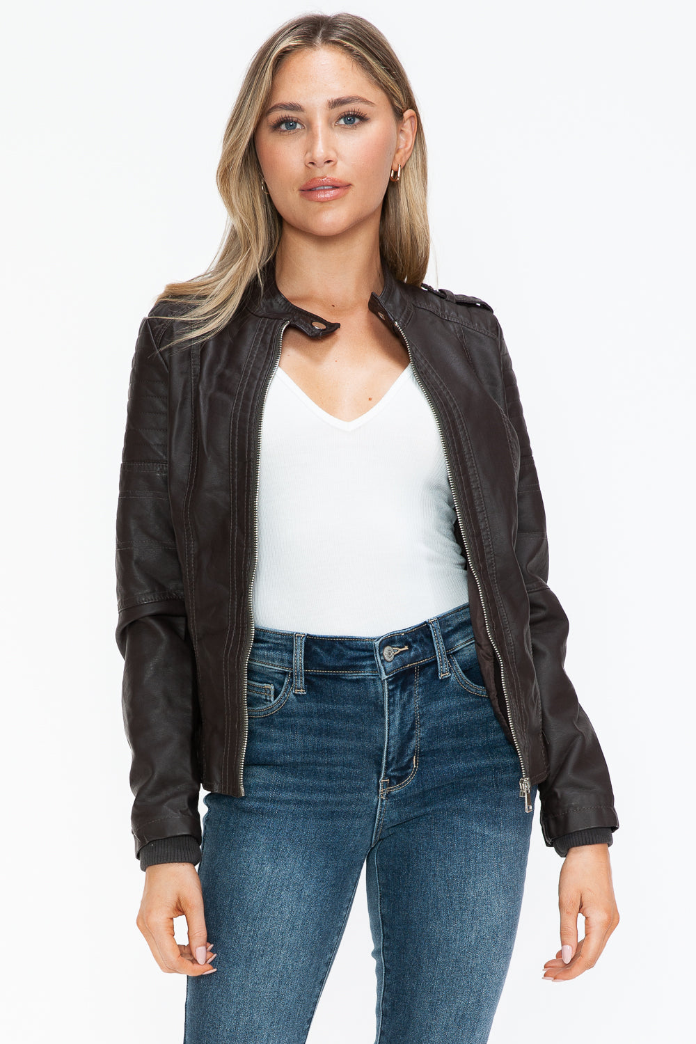 Snobbish PU Leather Biker Jacket with Side Zip Pockets - Teresa's Fashionista LLC