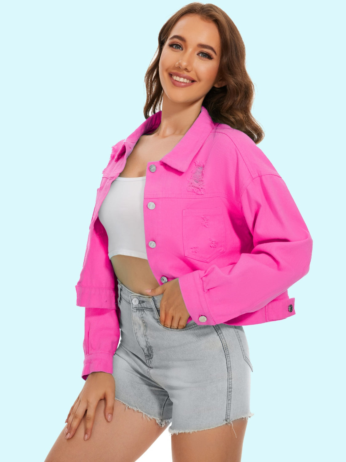 Distressed Distressed Button Up Denim Jacket-Teresa&#39;s Fashionista LLC
