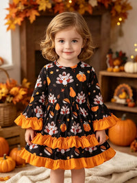 Children's Thanksgiving Turkey Print Ruffle Hem Long Sleeve Dress