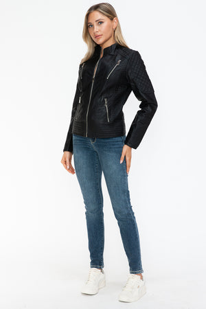 Snobbish Faux Leather Zip Up Mock Neck Jacket - Teresa's Fashionista LLC