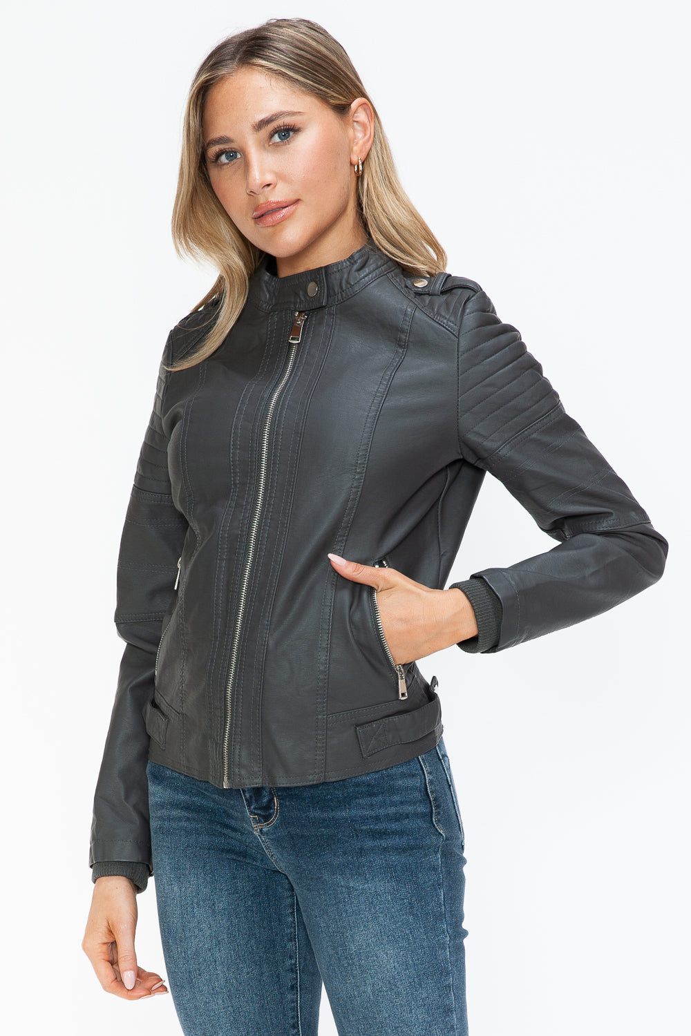 Snobbish PU Leather Biker Jacket with Side Zip Pockets - Teresa's Fashionista LLC