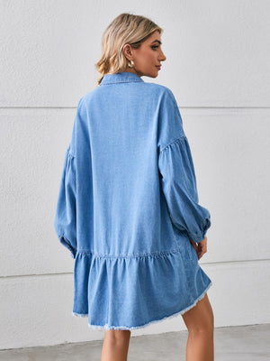 Button Up Pocketed Raw Hem Denim Dress-Teresa's Fashionista LLC