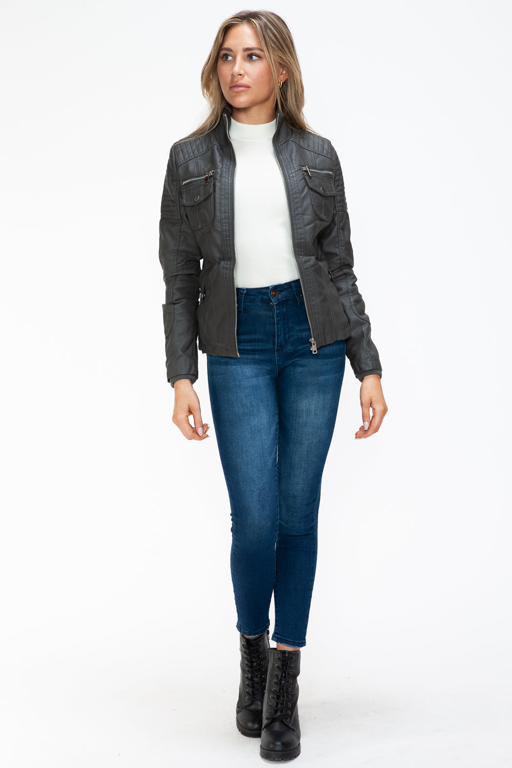 YMI Removable Faux Layered Multi-Pocket Jacket with Fuzzy Hood - Teresa's Fashionista LLC