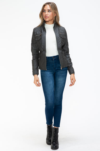 YMI Removable Faux Layered Multi-Pocket Jacket with Fuzzy Hood - Teresa's Fashionista LLC