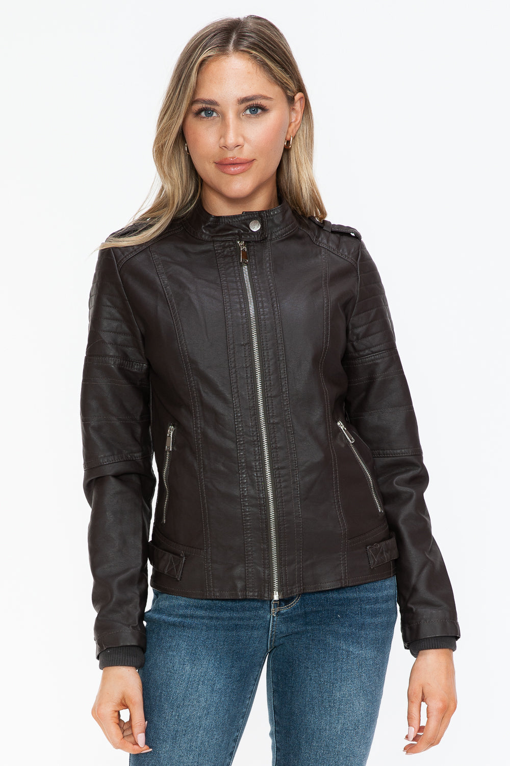 Snobbish PU Leather Biker Jacket with Side Zip Pockets - Teresa's Fashionista LLC
