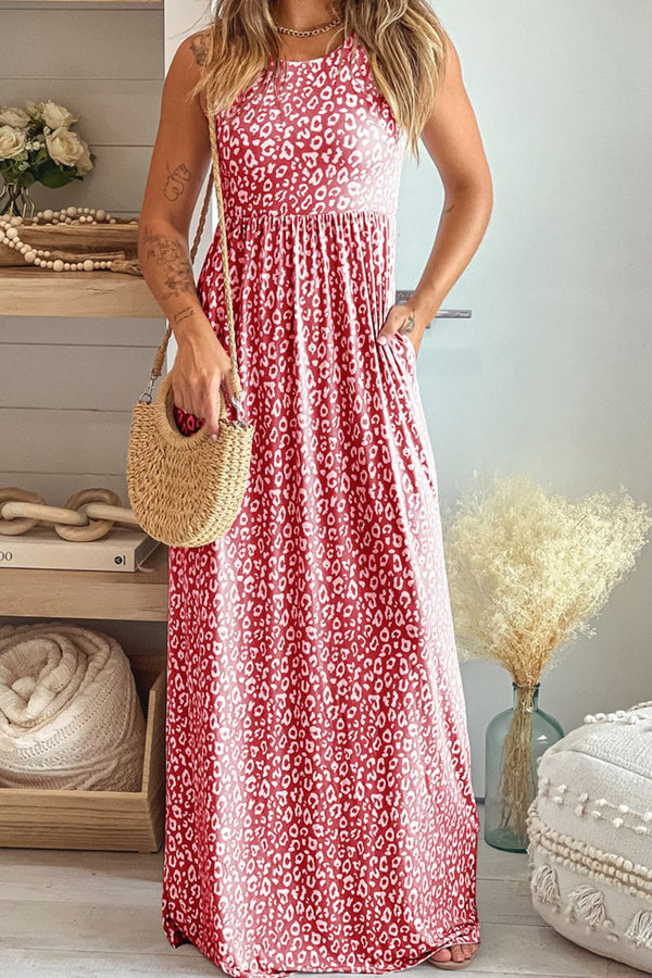 Leopard Round Neck Sleeveless Maxi Dress-Teresa's Fashionista LLC