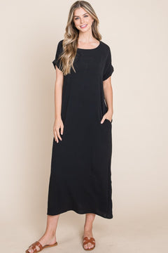 BOMBOM Round Neck Short Sleeve Midi Dress with Pockets-Teresa's Fashionista LLC