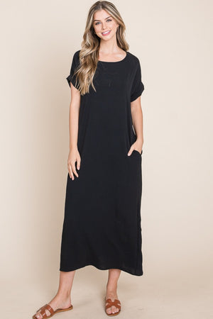 BOMBOM Round Neck Short Sleeve Midi Dress with Pockets-Teresa's Fashionista LLC