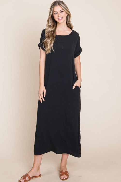 BOMBOM Round Neck Short Sleeve Midi Dress with Pockets-Teresa's Fashionista LLC