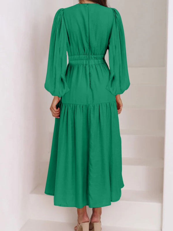 Deep V-Neck Balloon Sleeve Plain Maxi Dress-Teresa's Fashionista LLC