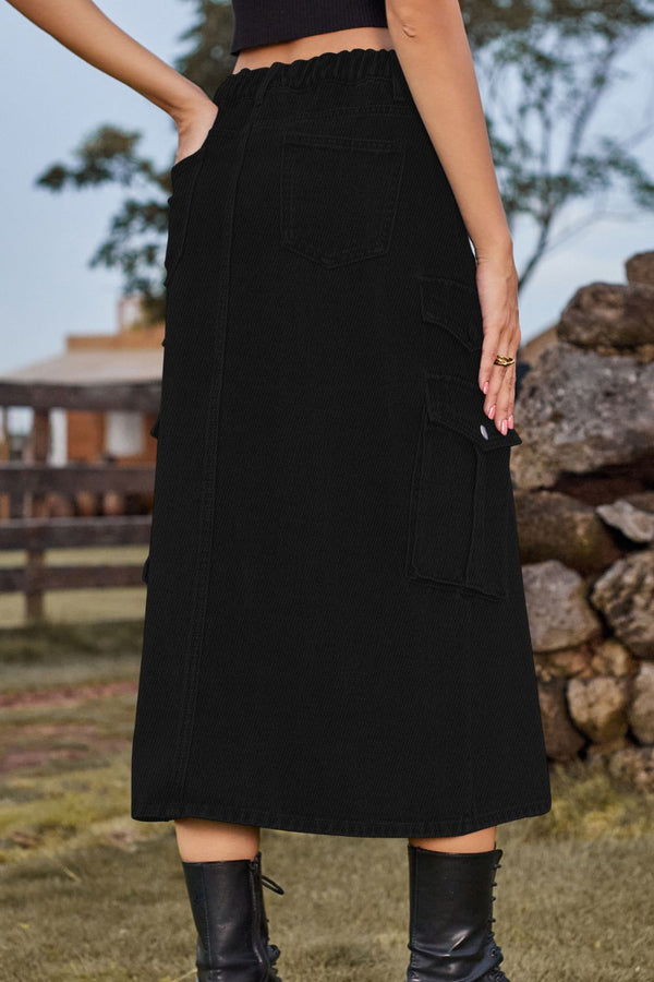 Slit Front Midi Denim Skirt with Pockets-Teresa's Fashionista LLC