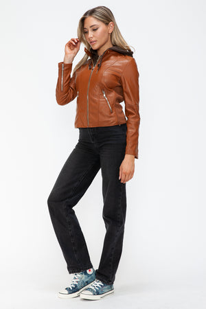 Snobbish Faux Leather Zip Up Drawstring Hooded Jacket - Teresa's Fashionista LLC