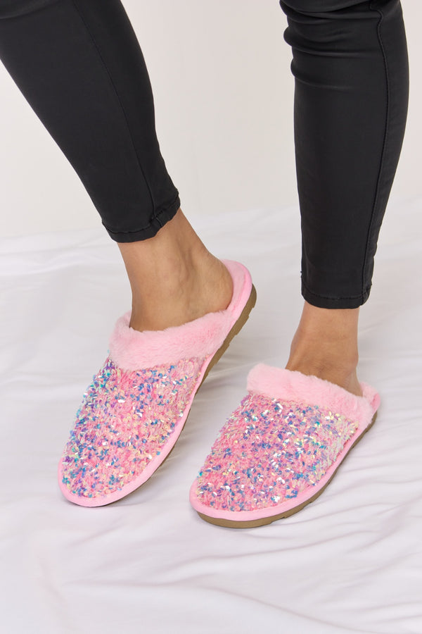 Forever Link Sequin Plush Round Toe Slippers-Teresa's Fashionista LLC
