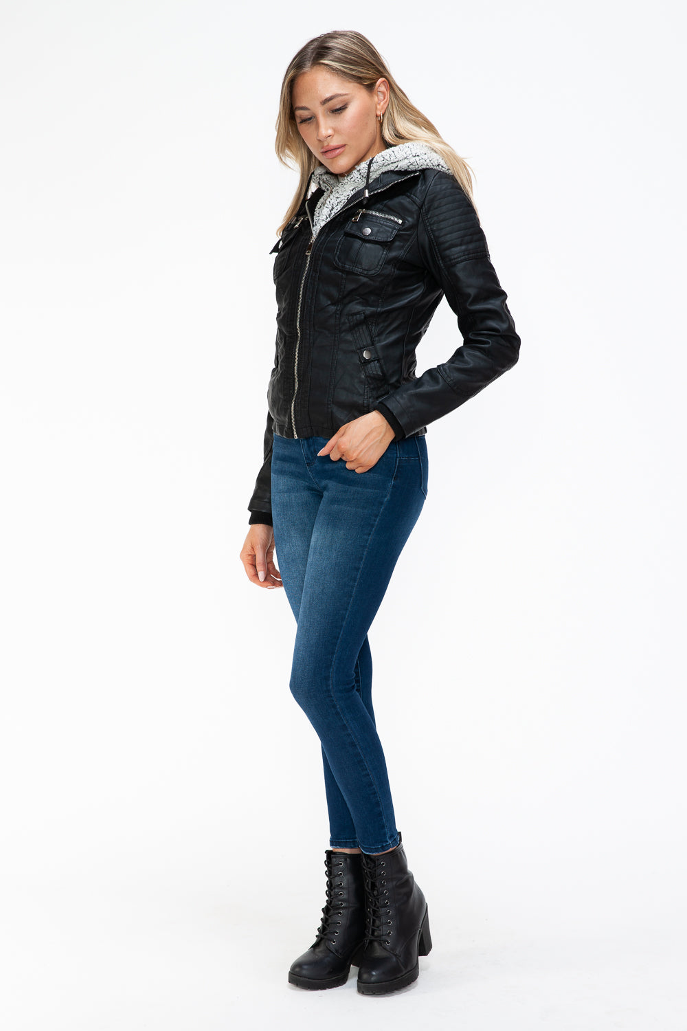 YMI Removable Faux Layered Multi-Pocket Jacket with Fuzzy Hood - Teresa's Fashionista LLC