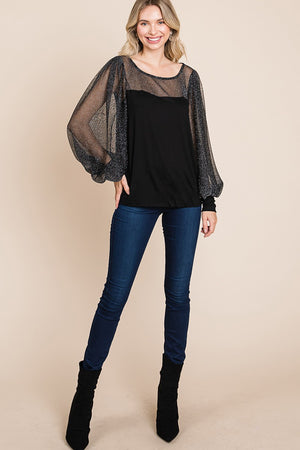 Super Lady Full Size Metallic Mesh Lantern Sleeve Blouse - Teresa's Fashionista LLC