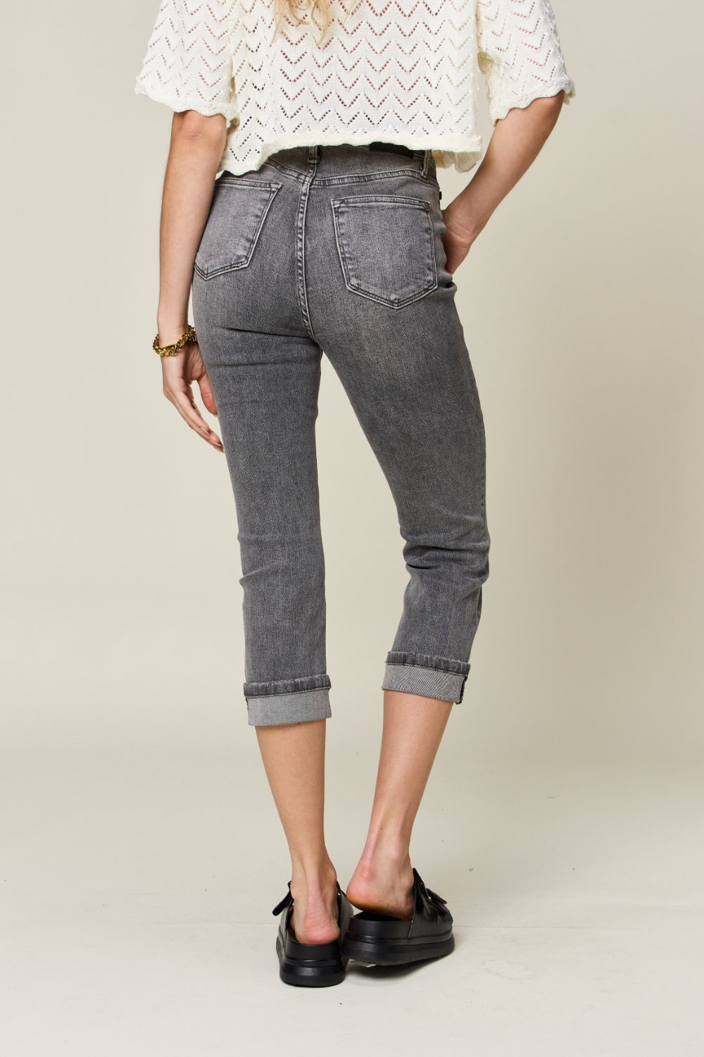 Judy Blue Full Size Button Fly High Waist Cuffed Capris-Teresa&#39;s Fashionista LLC